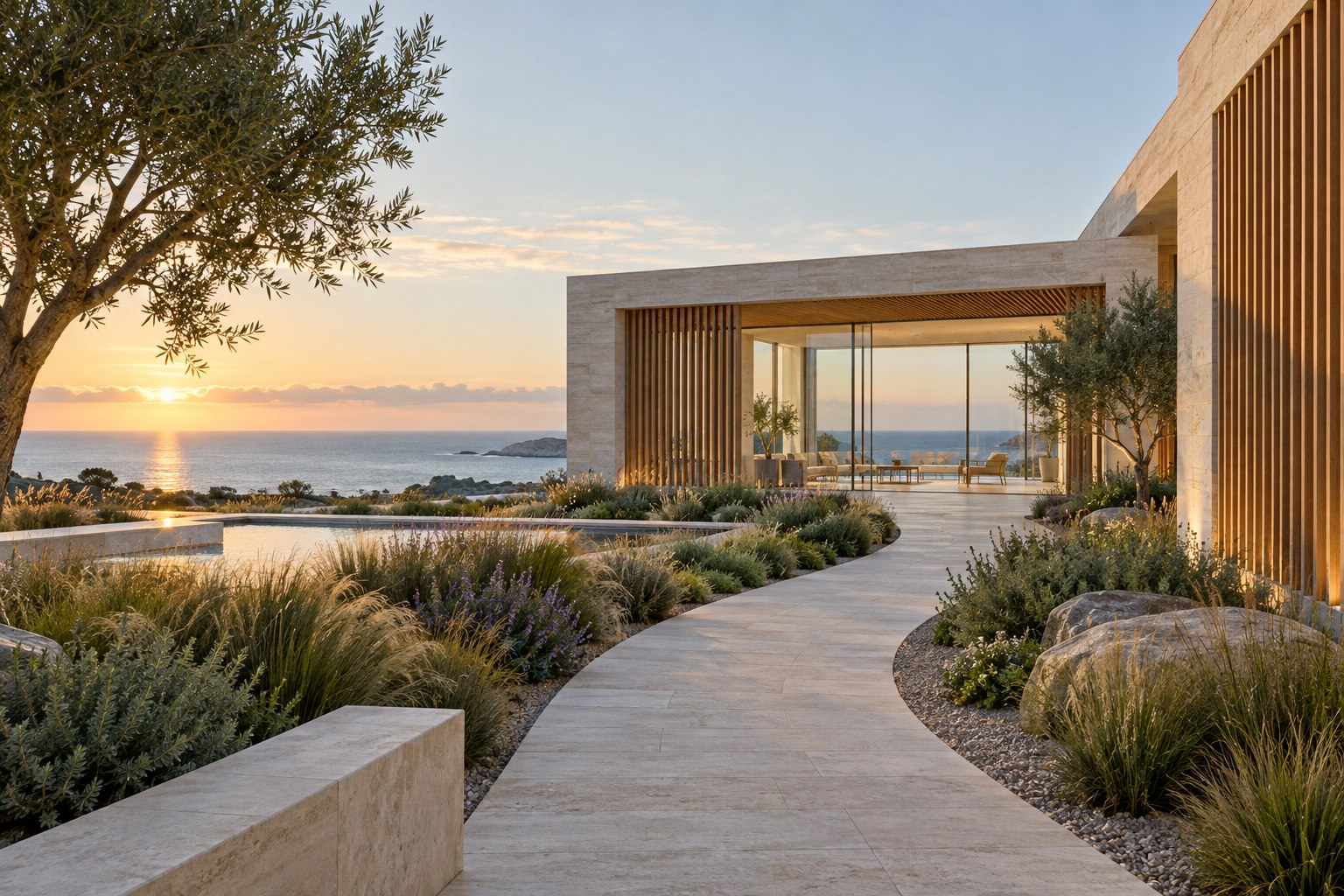 Illustrative coastal pavilion opening onto a landscaped path and the ocean