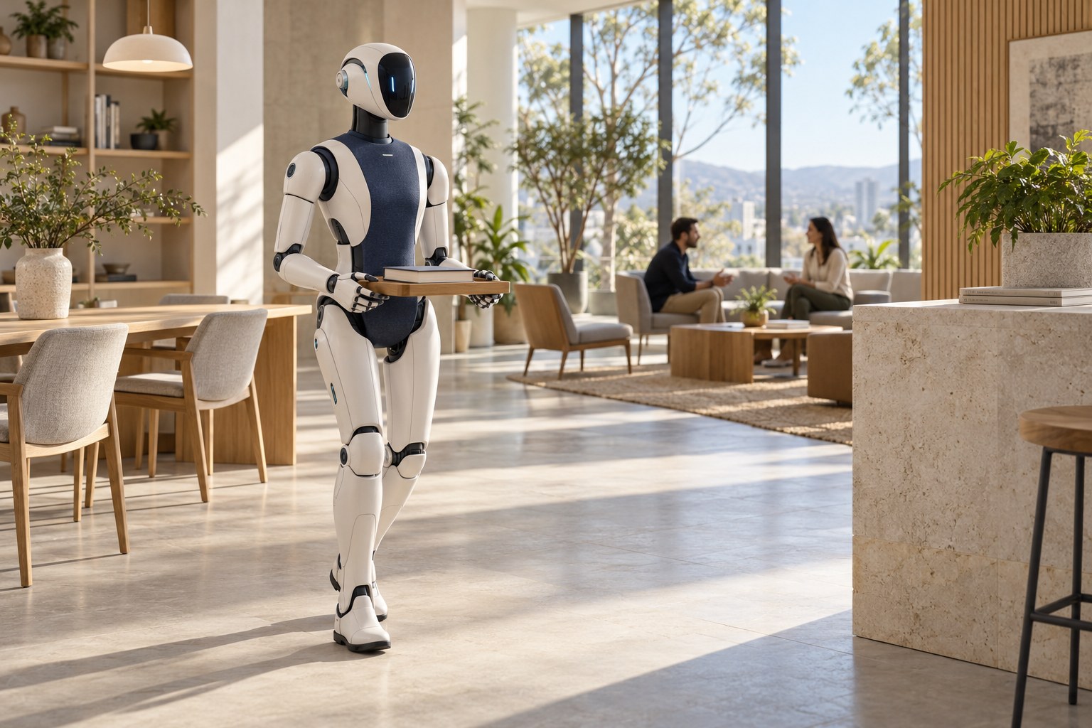 Conceptual humanoid robot carrying a book on a tray through a bright shared interior