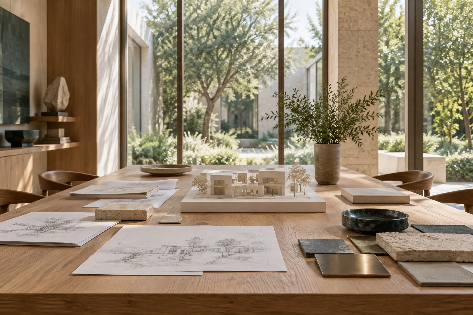Illustrative design workshop with material studies and a model in natural daylight